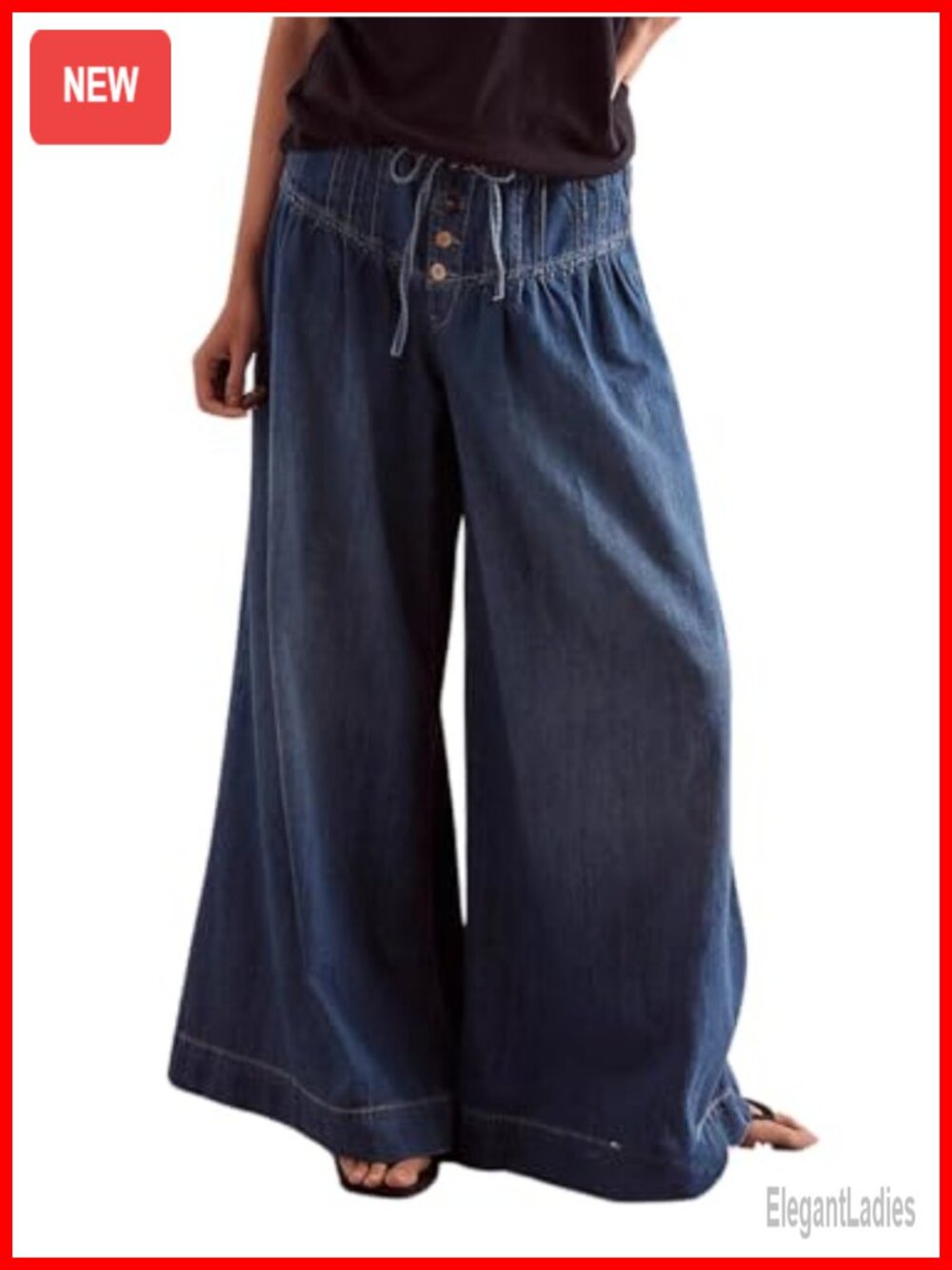 Womens Baggy Wide Leg Denim Jeans Drawstring Midi Waisted Flare Ruffle Pleated